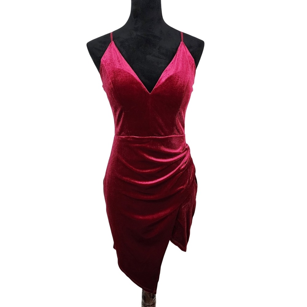 New! HONEY & ROSIE Size Medium Wine Red Velvet Drape Asymmetrical Party Dress
